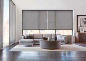 grey modern roller shades on large windows in condo with gray vertical shades in Chicago 60611