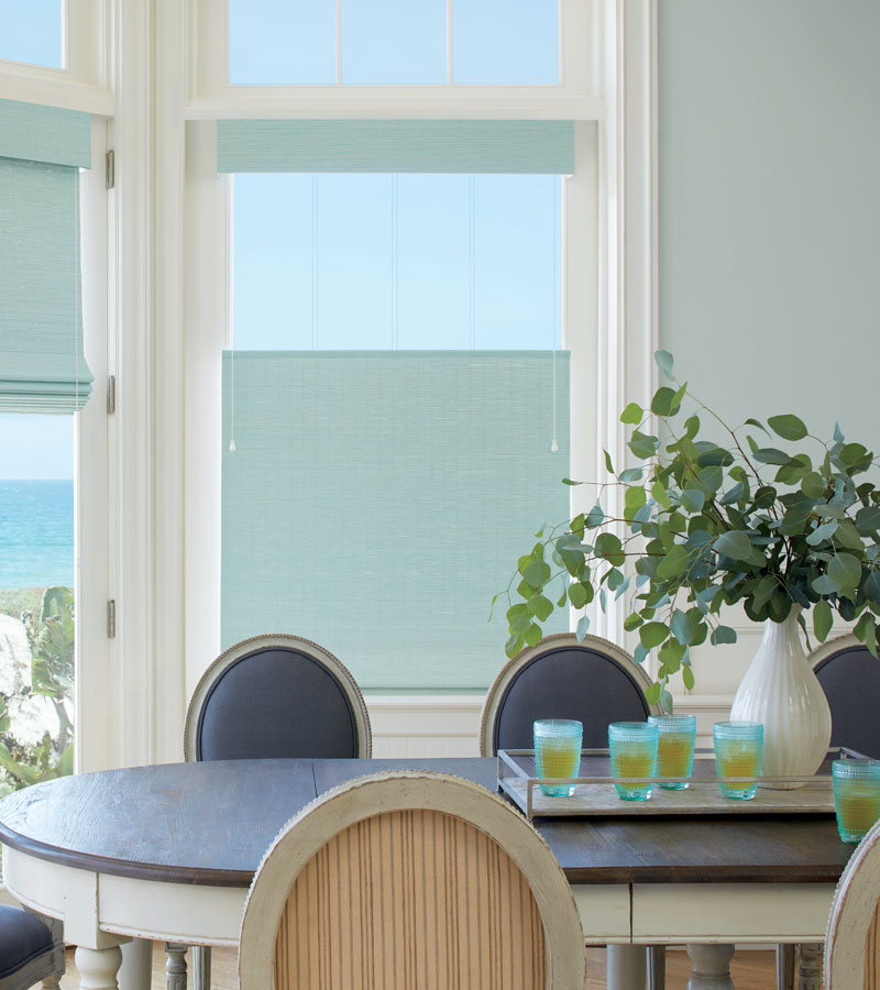 teal woven wood shades in dining room in Vancouver WA