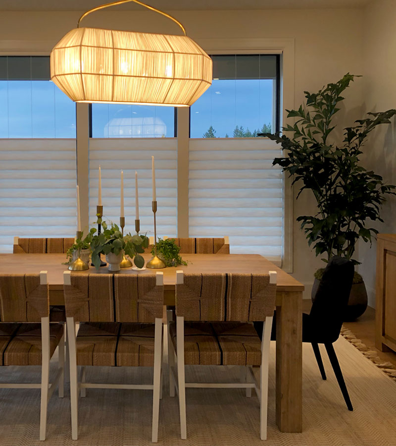 white roman shades in modern farmhouse style Chicago dining room