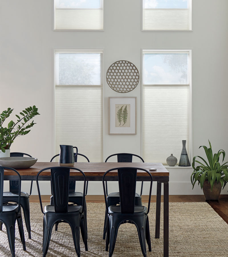 white dining room industrial furnishings with top down cellular shades in Portland OR