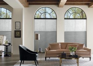modern living room arched windows with gray dual shades in Vancouver WA