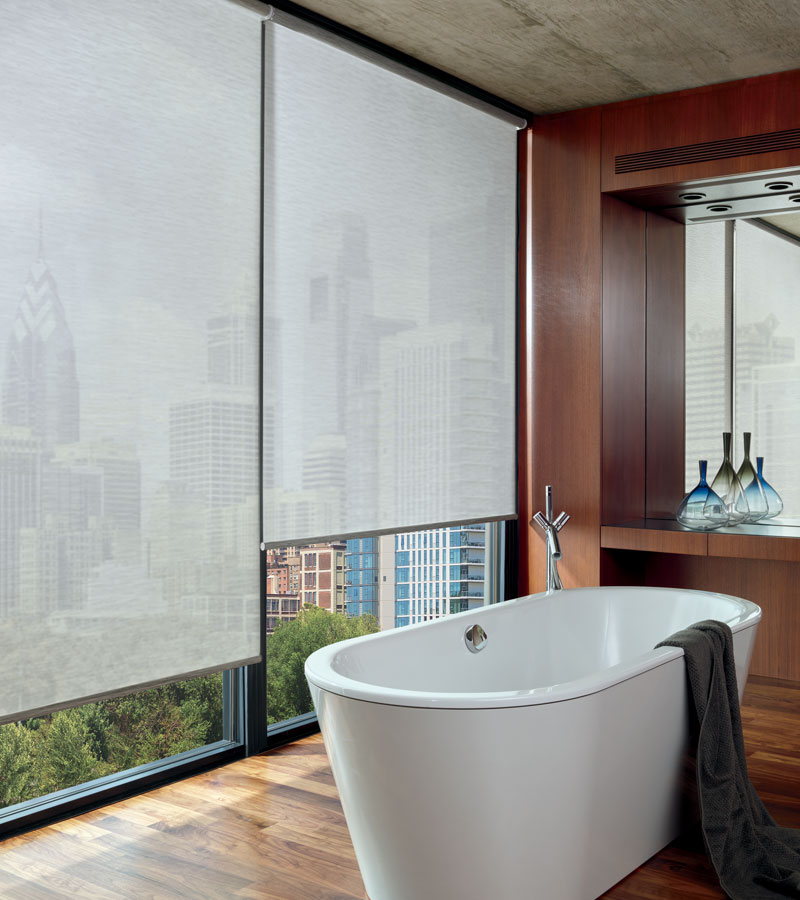 automated shades for floor to ceiling windows in Chicago IL bathroom