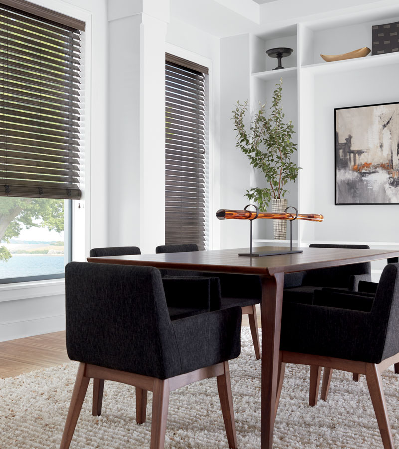 dark wood remote control blinds in Naperville IL dining room