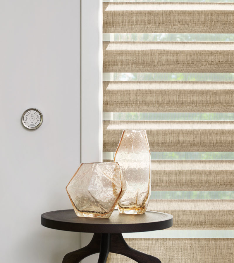 pirouette automated shades with gold fabric in Vancouver WA