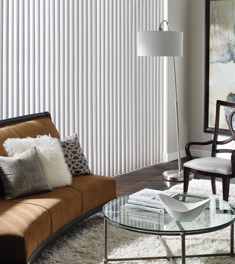 vertical blinds for large window in living room of Naperville IL home