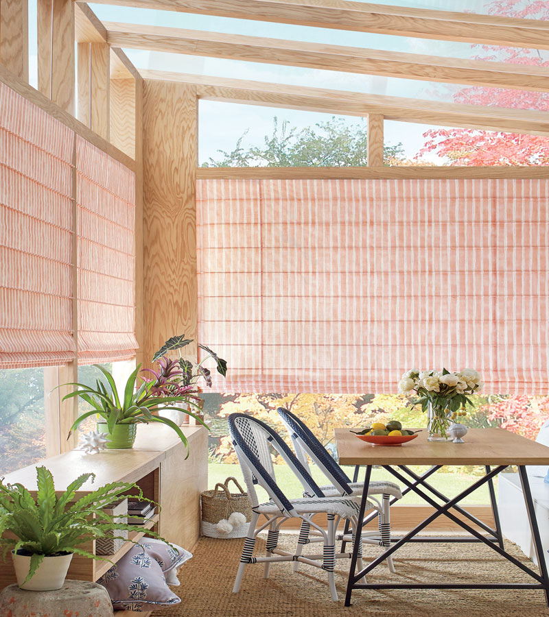 design studio window treatments fabric roman shades on sunroom Portland OR