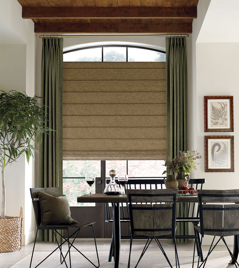 dining room with arched window fabric roman shades with olive green drapery Hinsdale IL