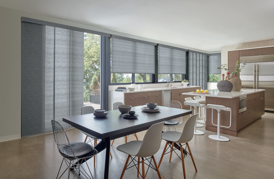 kitchen with gray vertical shades and coordinating gray roller shades Chicago 60614