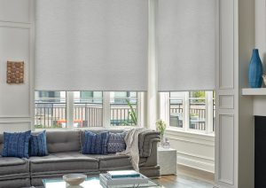 light gray roller shades on large floor to ceiling windows in Chicago IL home