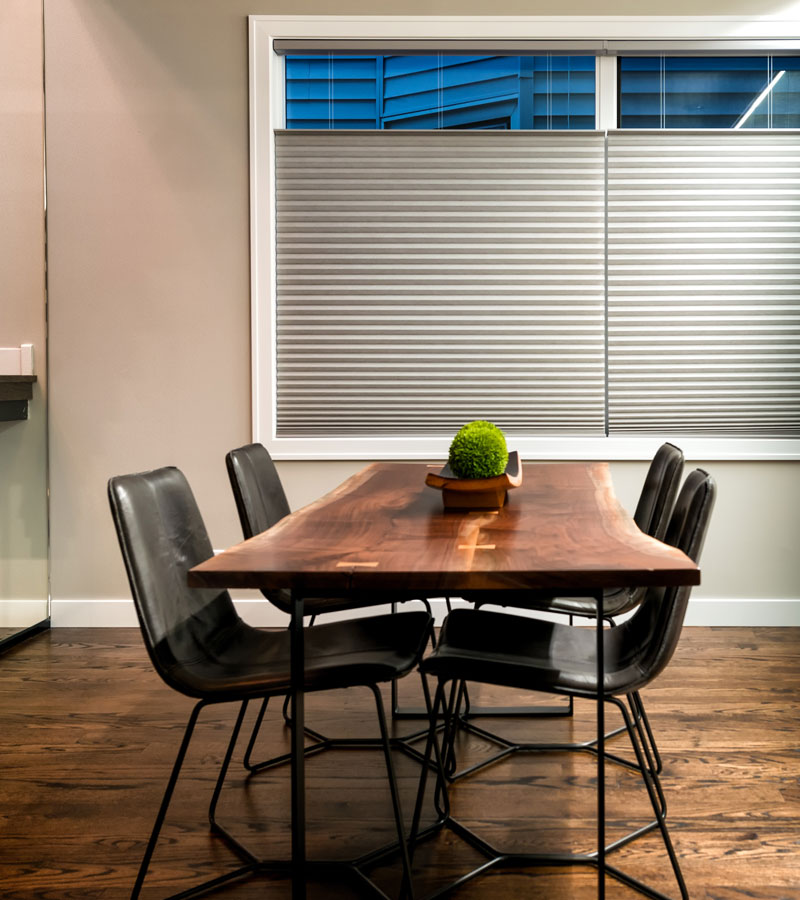 beige cellular shades in modern rustic wine room in Chicago 60618