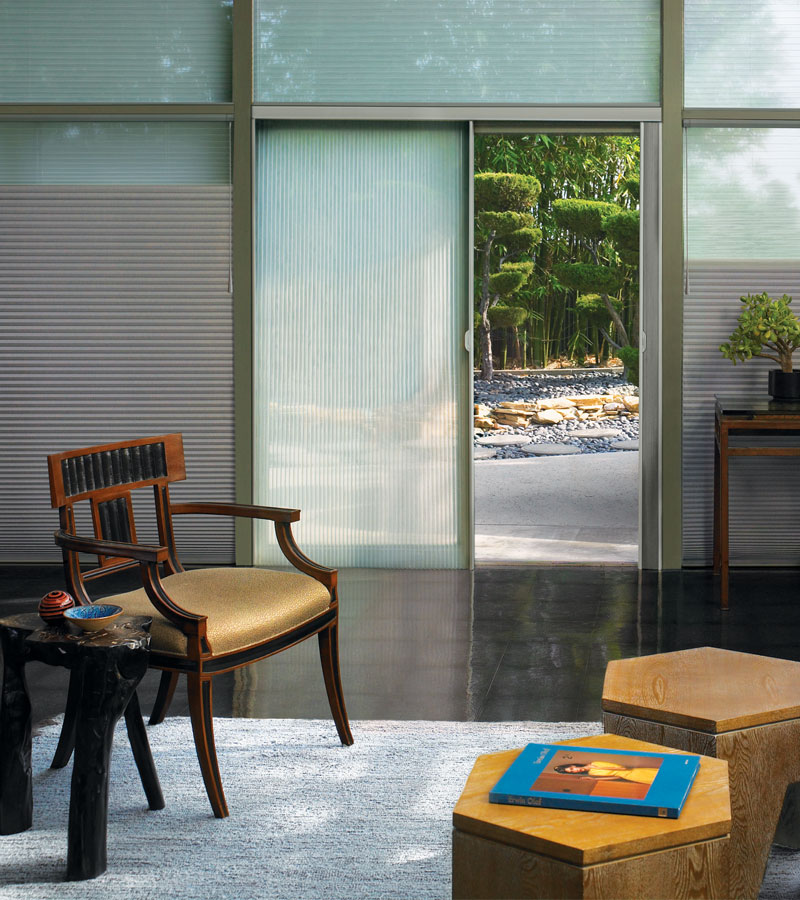 gray dual shades on floor to ceiling windows with sheer vertical cellular shades on slider in Beaverton OR