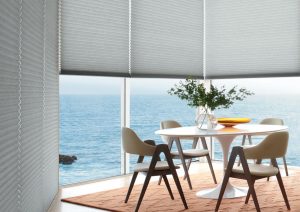 gray honeycomb shades overlooking lake in Chicago IL