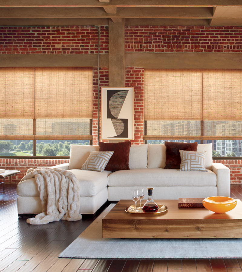 urban loft with exposed brick and woven wood shades with dual shade feature Naperville IL