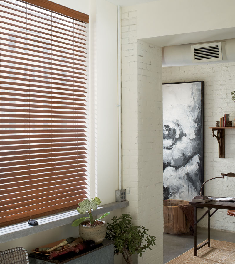 walnut faux wood blinds in hallway in Chicago IL