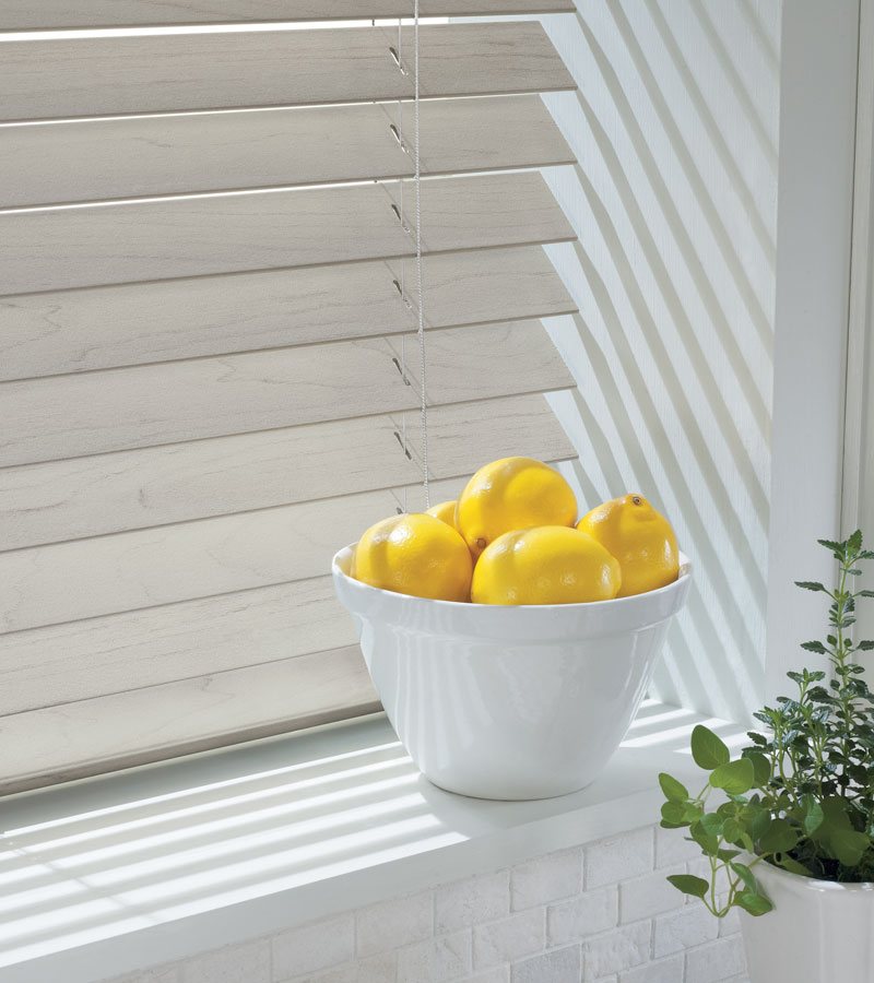 Neutral wood grain on faux wood blinds in Hinsdale IL