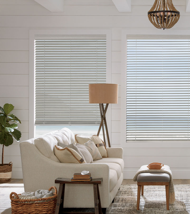 coastal theme home with neutral faux wood blinds in Chicago IL