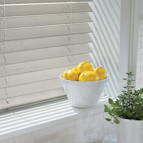 white kitchen backsplash by window with alternative wood blinds in Hinsdale IL