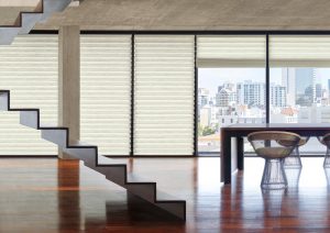 floor to ceiling window treatments in Chicago IL condo with roman shades