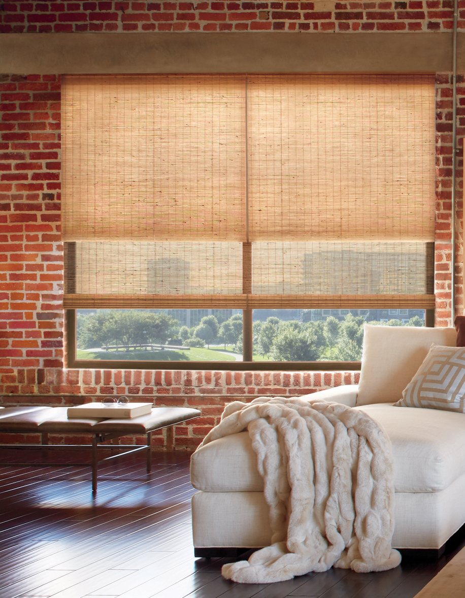 exposed brick walls with energy efficient woven wood shades dual shades Naperville IL