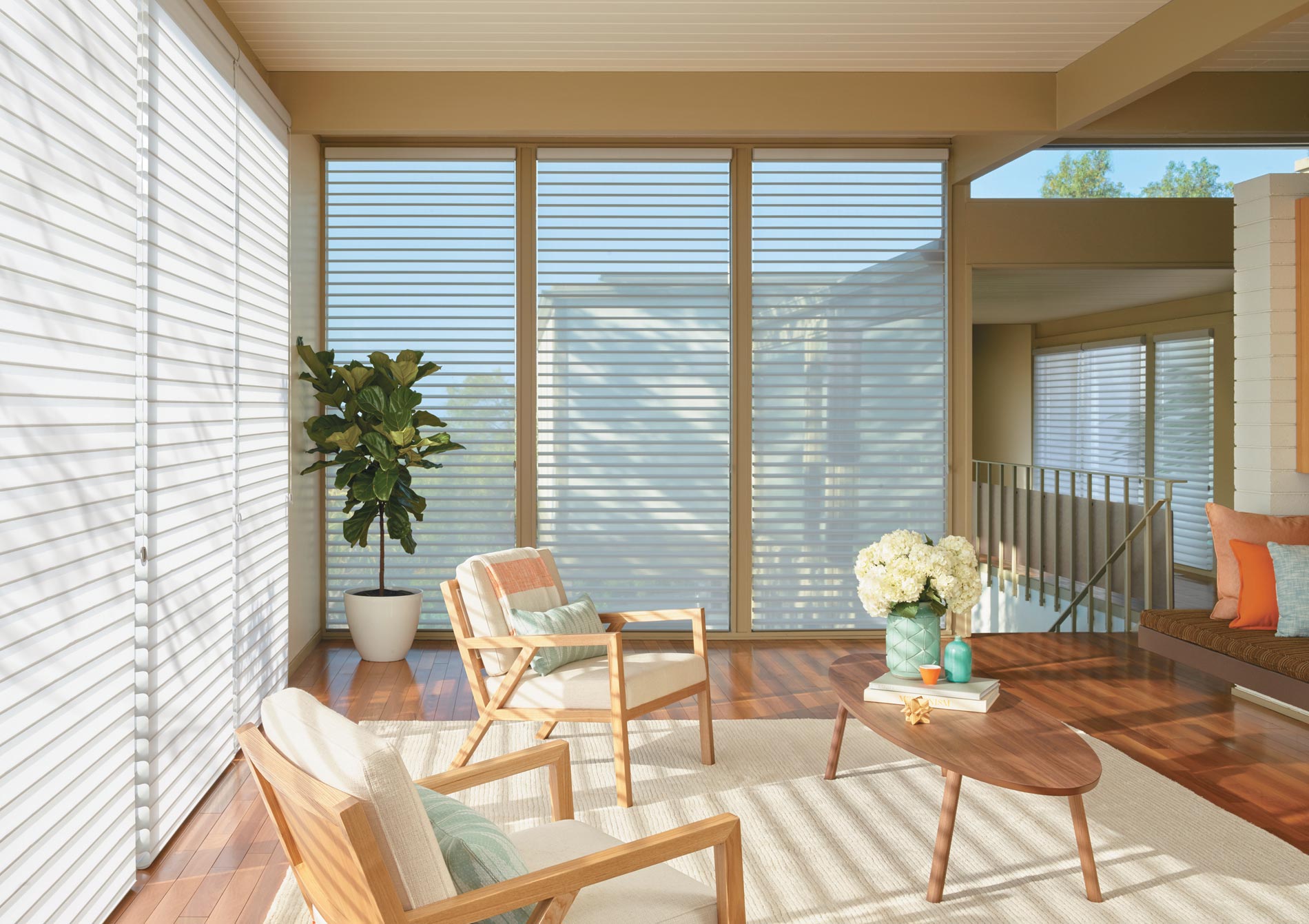 natural style living room with floor to ceiling windows sheer shades Vancouver WA