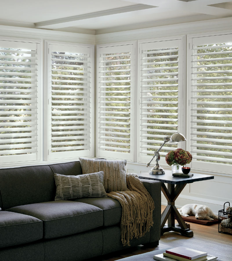 living room in Naperville IL with wall to wall interior shutters