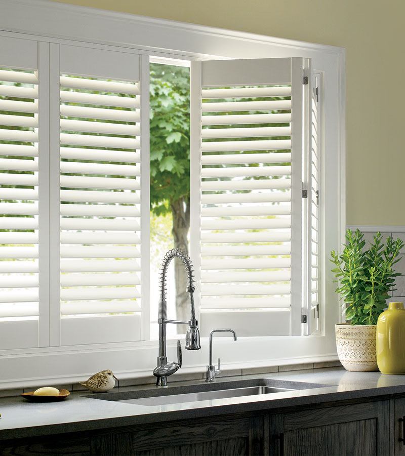 kitchen with white interior shutters over kitchen sink in Vancouver WA