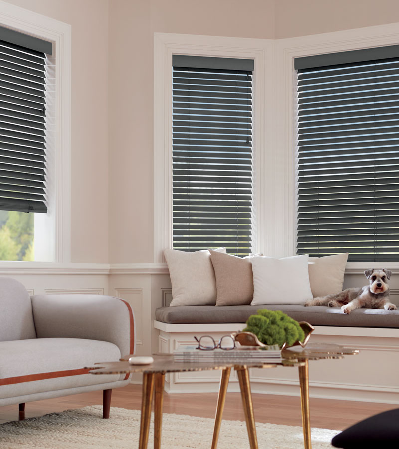 blue wood blinds in beige living room in bay window