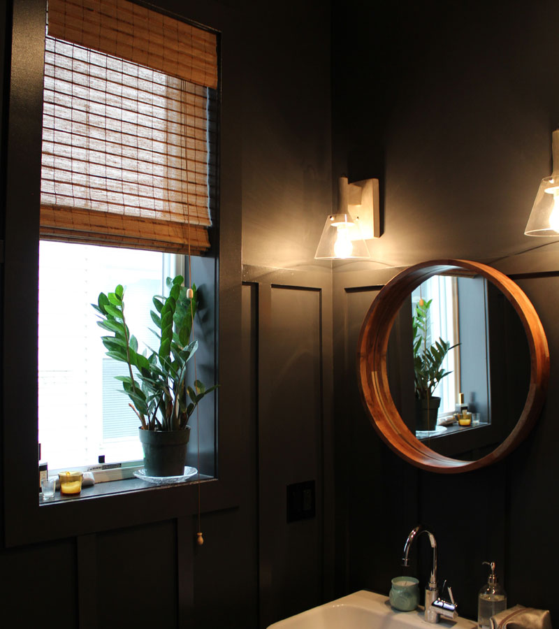 natural color woven wood shades in black bathroom Portland OR