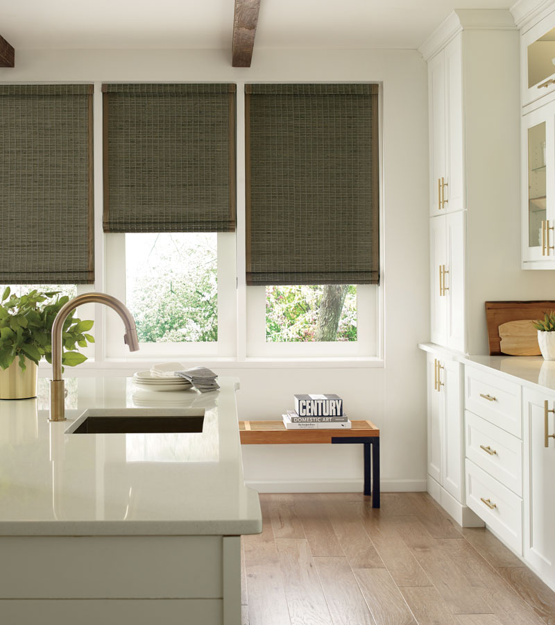 kitchen with grass woven shades three windows Beaverton OR