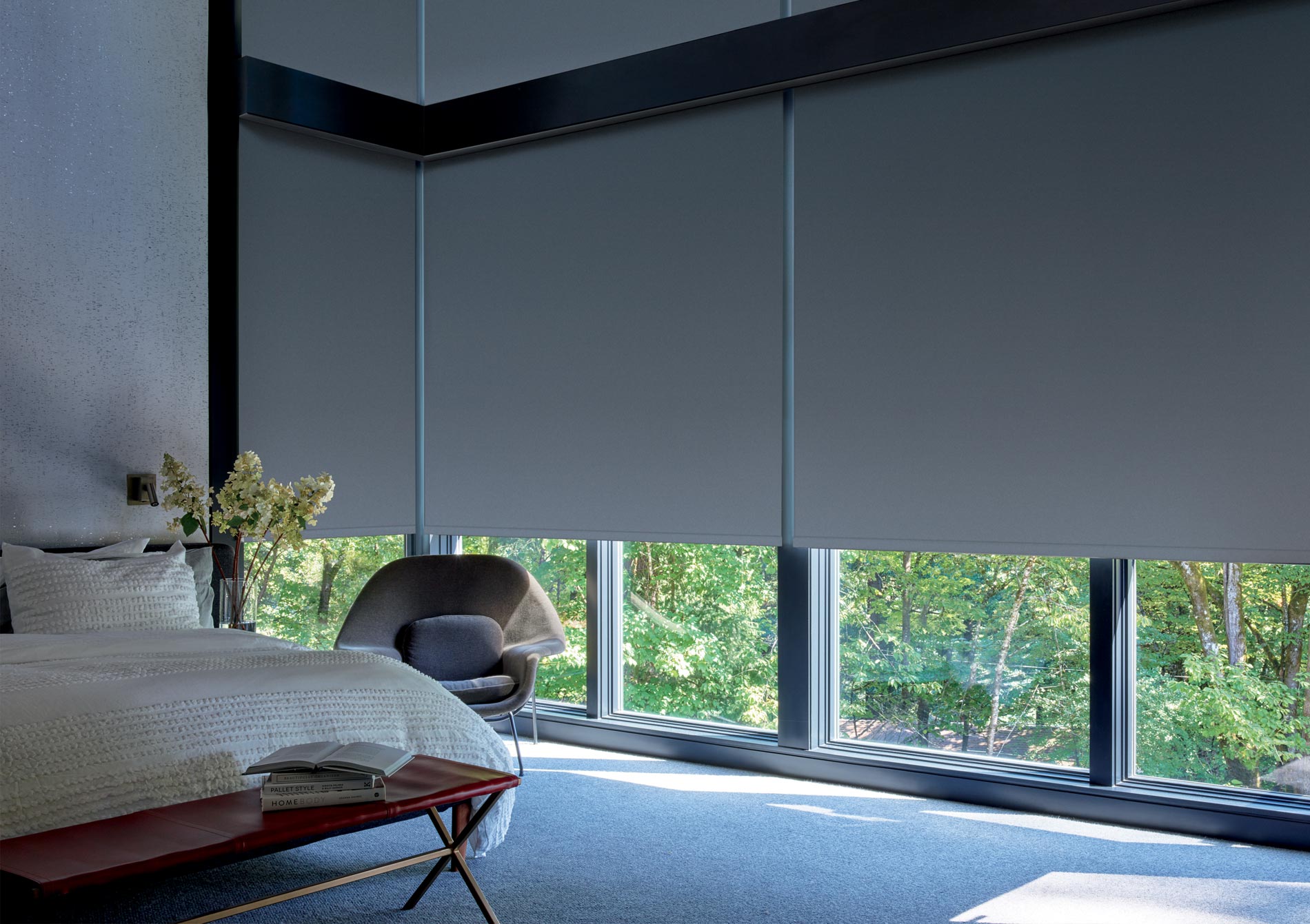 room darkening roller shades in Vancouver WA bedroom floor to ceiling windows