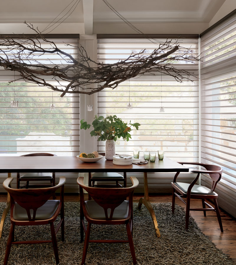 modern rustic dining room with silhouette shades in Vancouver WA