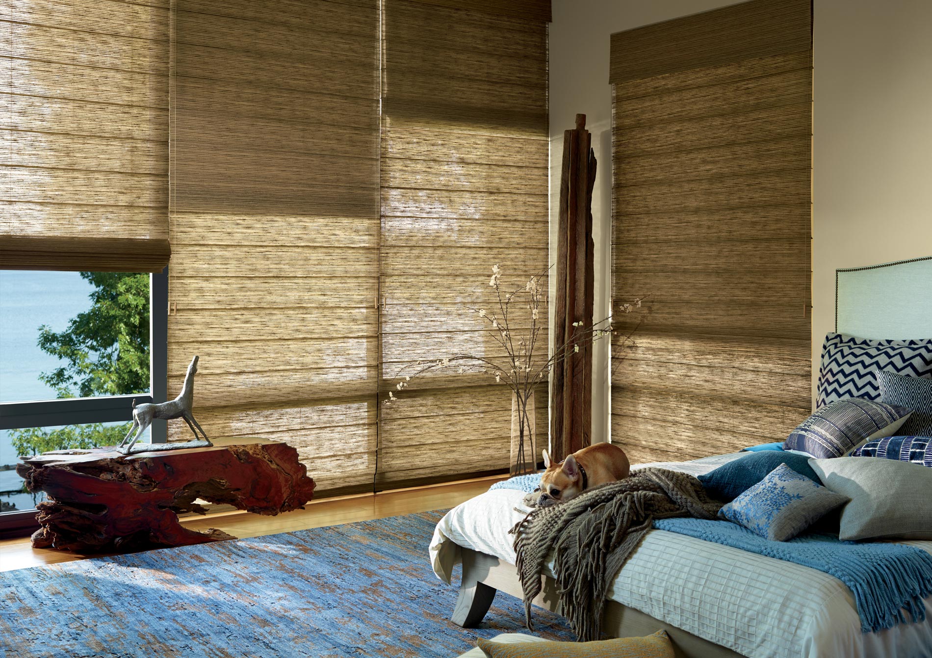 dual shades for woven wood shades in blue bedroom Beaverton OR