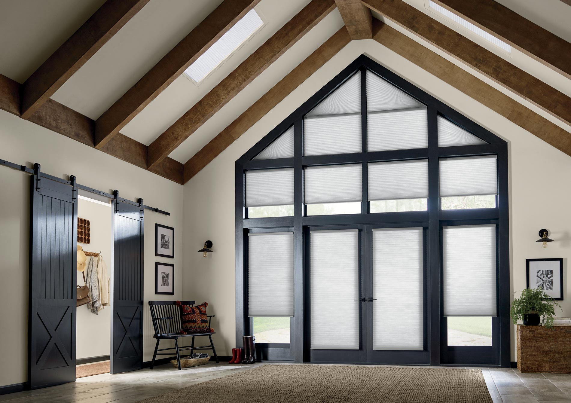 entryway with gray cellular shades on doors and angled windows in Chicago IL