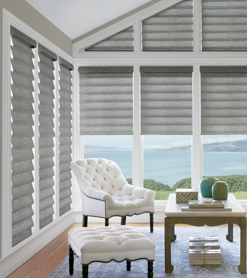 gray roman shades on angled windows in Vancouver WA