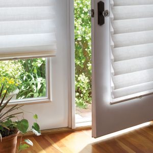 french doors with white roman shades in Portland OR home