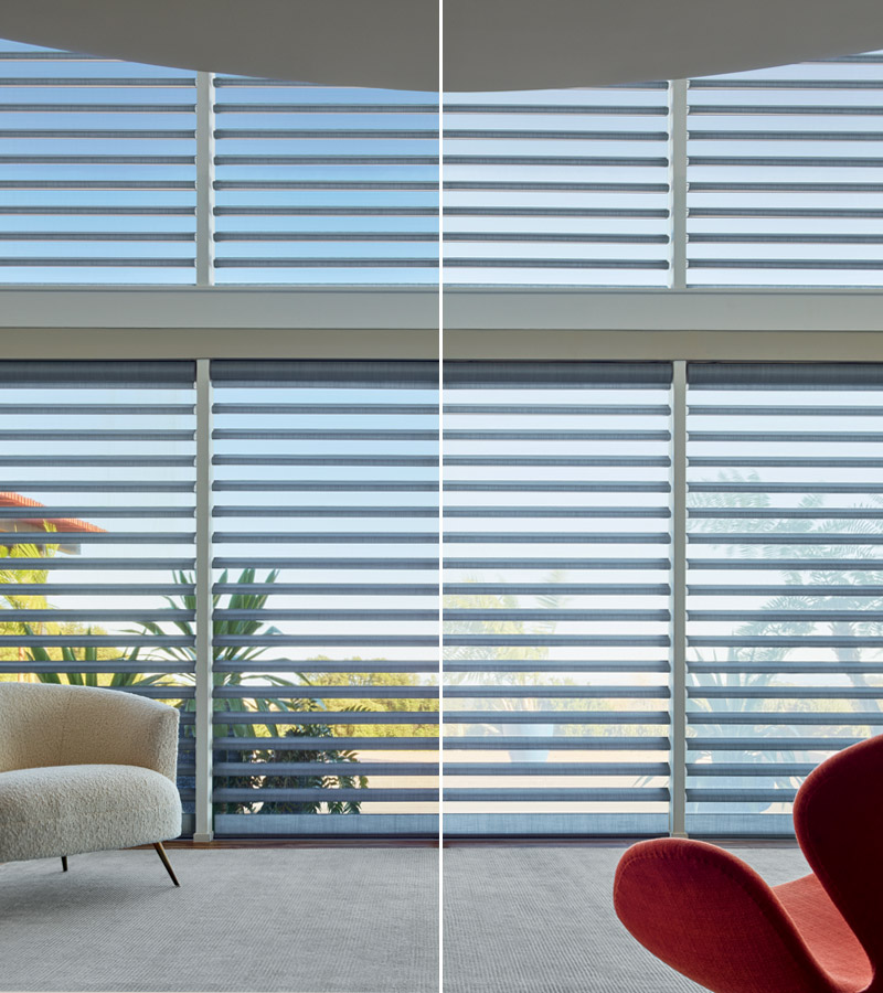 pirouette window shades sheer fabric comparison in living room Chicago 60611