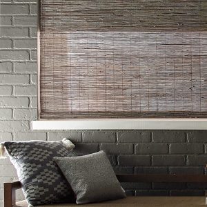 greige woven wood shades with exposed brick wall Hinsdale IL
