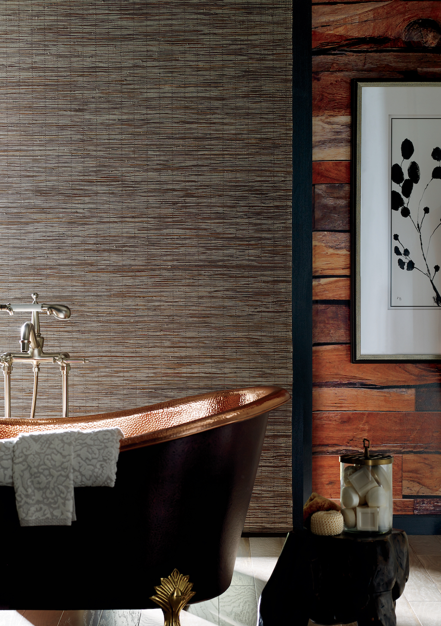 woven wood shades in urban styled bathroom with copper tub chicago 60657