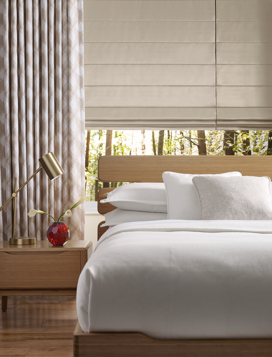 beige roman shades with diamond patterned curtains in Portland OR bedroom