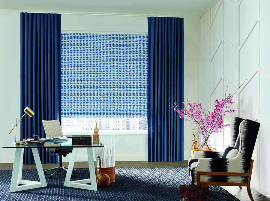 color trends with blue roman shades and draperies in home office in Portland OR