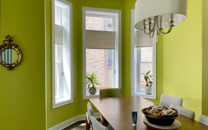 lime green walls with beige honeycomb shades on bay window nook in Chicago IL