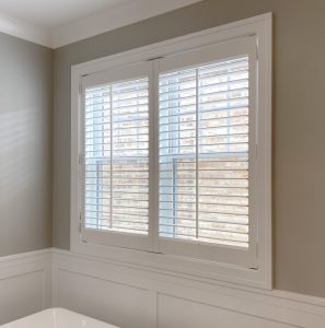 white plantation shutters in bathroom in Vancouver WA
