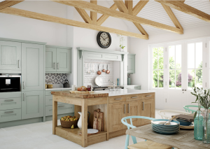 green cabinets in neutral kitchen