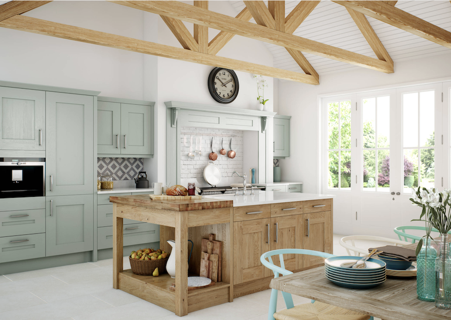 green cabinets in neutral kitchen