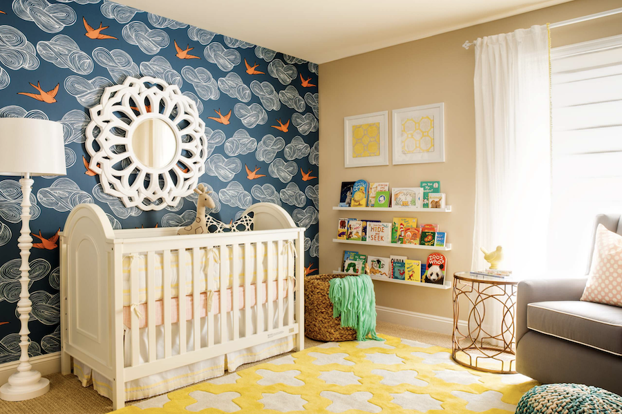 blue nursery with orange and yellow