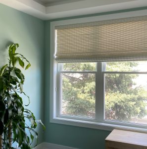 Provenance woven wood shades natural color with green walls Vancouver WA
