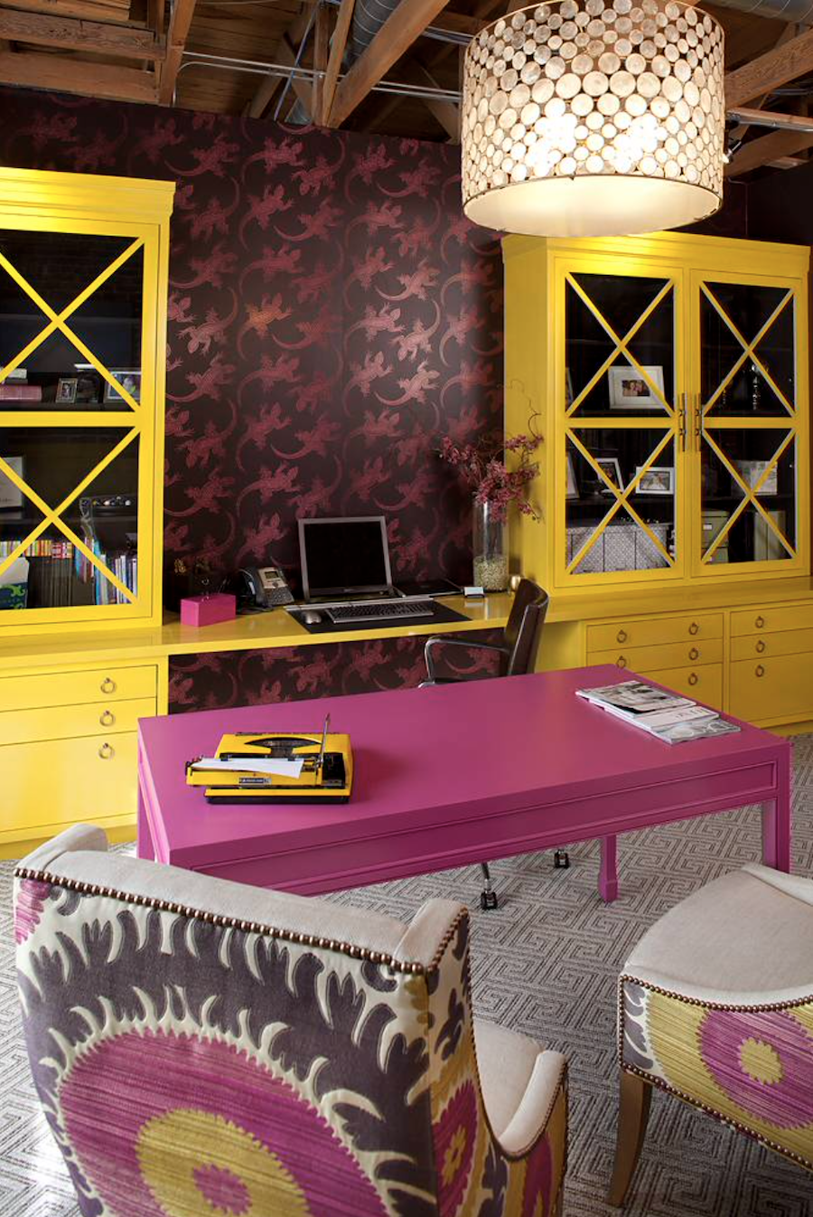 bright pink and yellow in home office