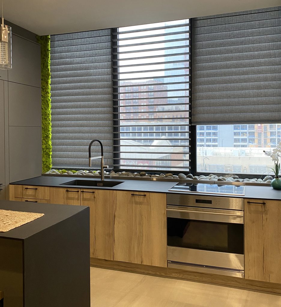 kitchen with silhouette shades moss wall feature Chicago IL