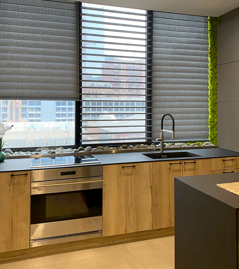 window shades in kitchen with moss wall feature Chicago 60611