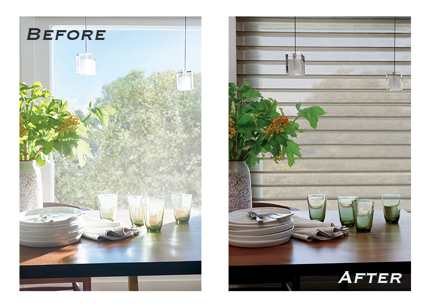 before and after of dining room with silhouette shades in Chicago IL